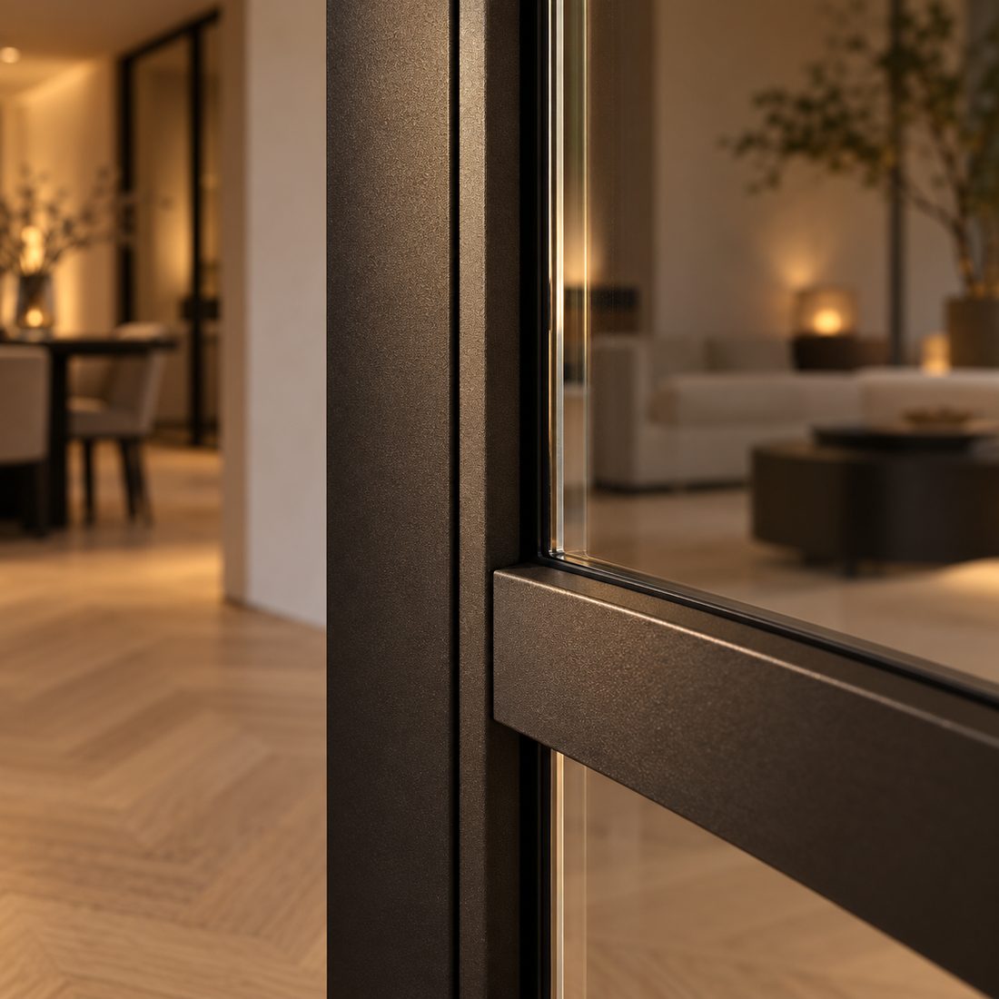 Close-up van de matte coating op een stalen profiel met glaslat